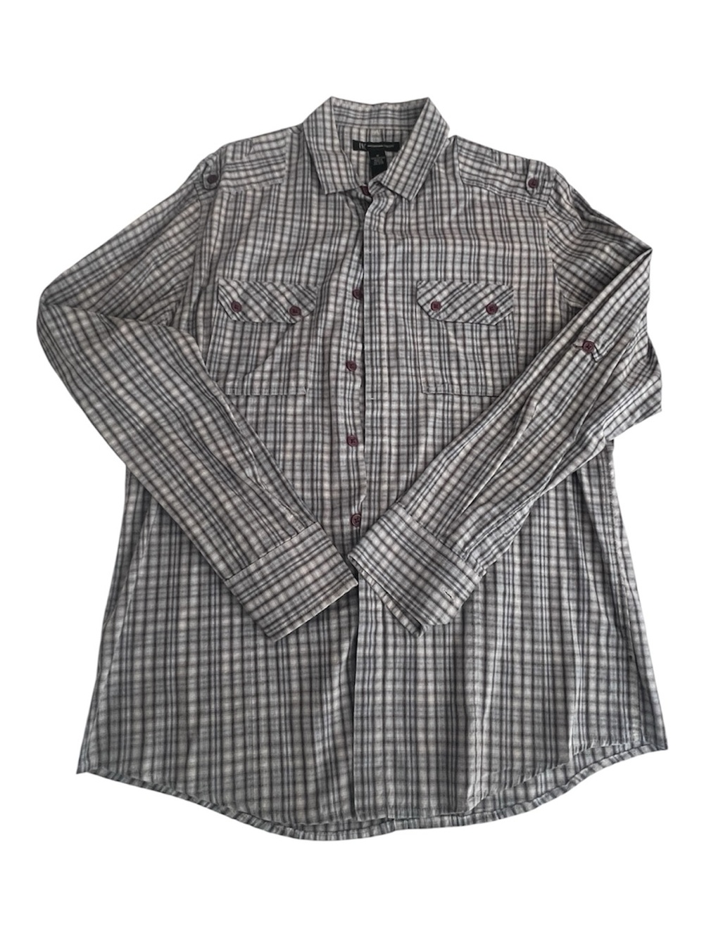 INC International Concepts Gray Plaid Long-Sleeve Button Down Shirt Mens Medium